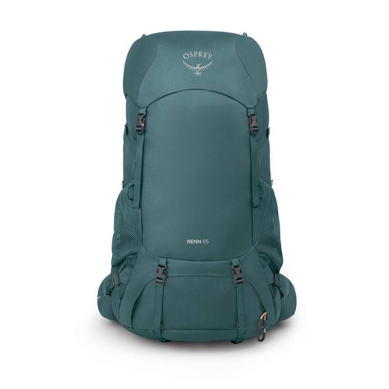 Framsida av teal Osprey Renn 65 ryggsäck med meshfickor och kompressionsremmar