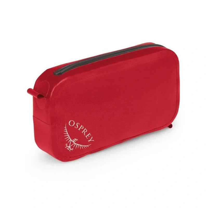 Sidovy av röd Osprey Pack Pocket WP med svart dragkedja