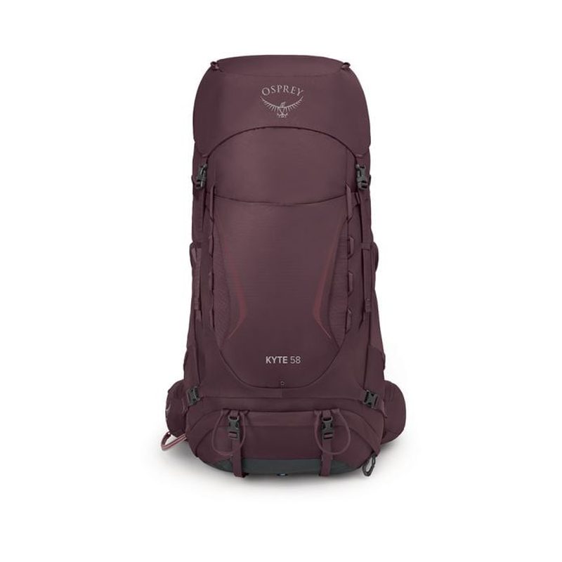Framsida av Osprey Kyte 58 vandringsryggsäck i vinröd med tryckt logotyp och topplock