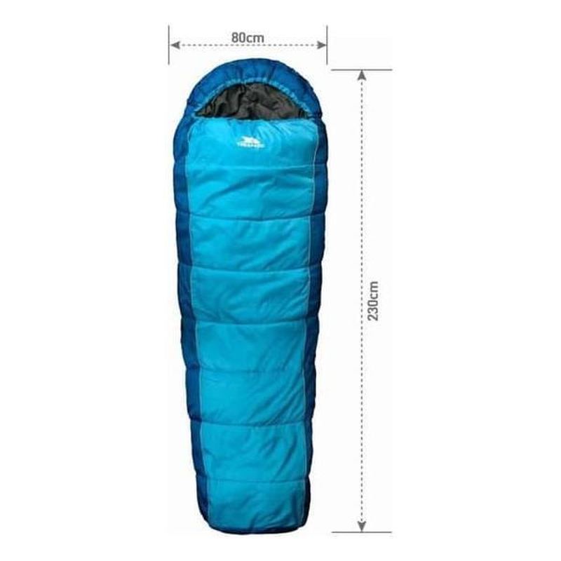 Blå hollowfibre-sovsäck i mumiestil, bredd 80 cm och längd 230 cm