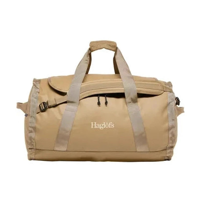 Frontal vy av slitstark beige Lava 90 duffelväska med dubbla handtag