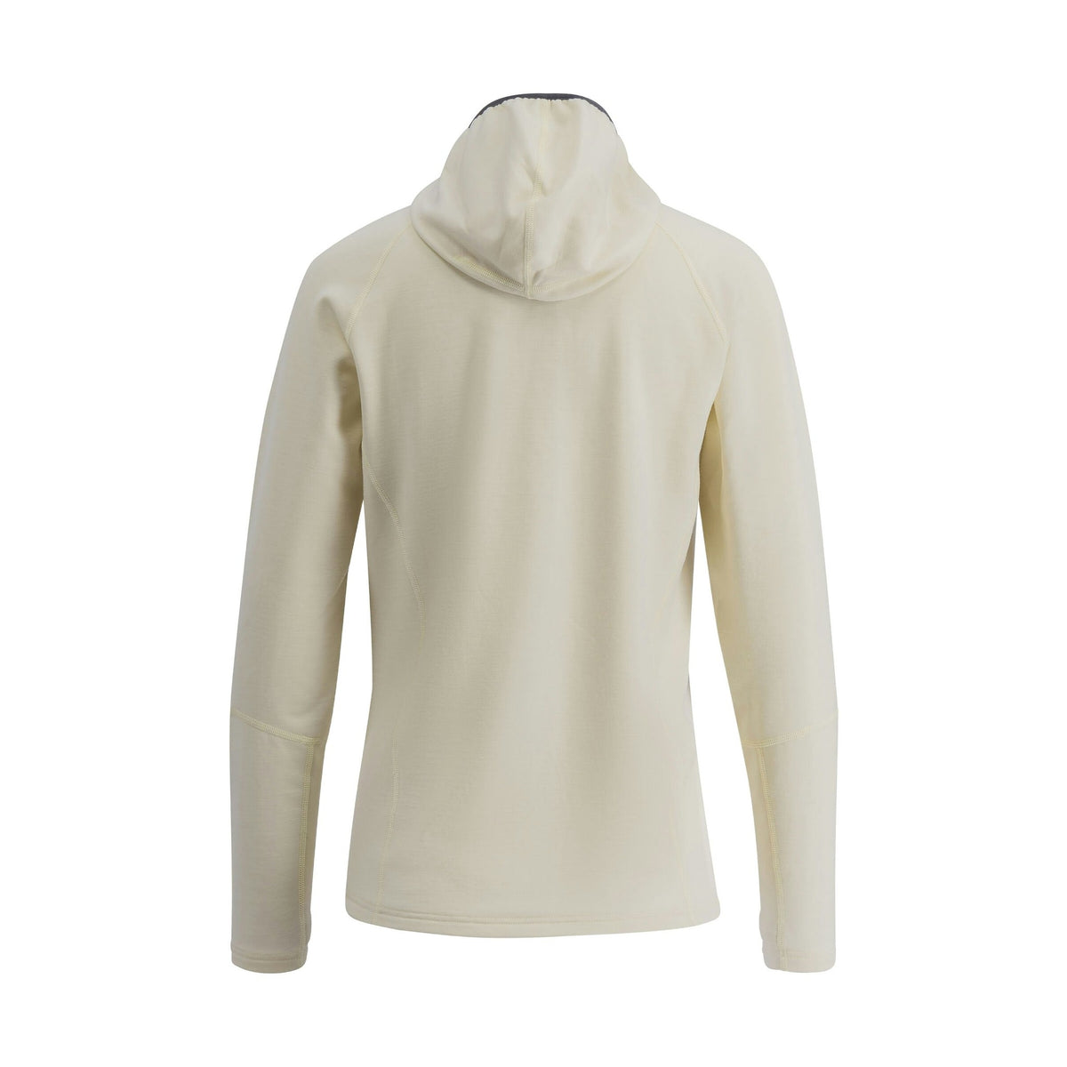 Bakvy av beige merinohoodie med raglan-ärmar och huva