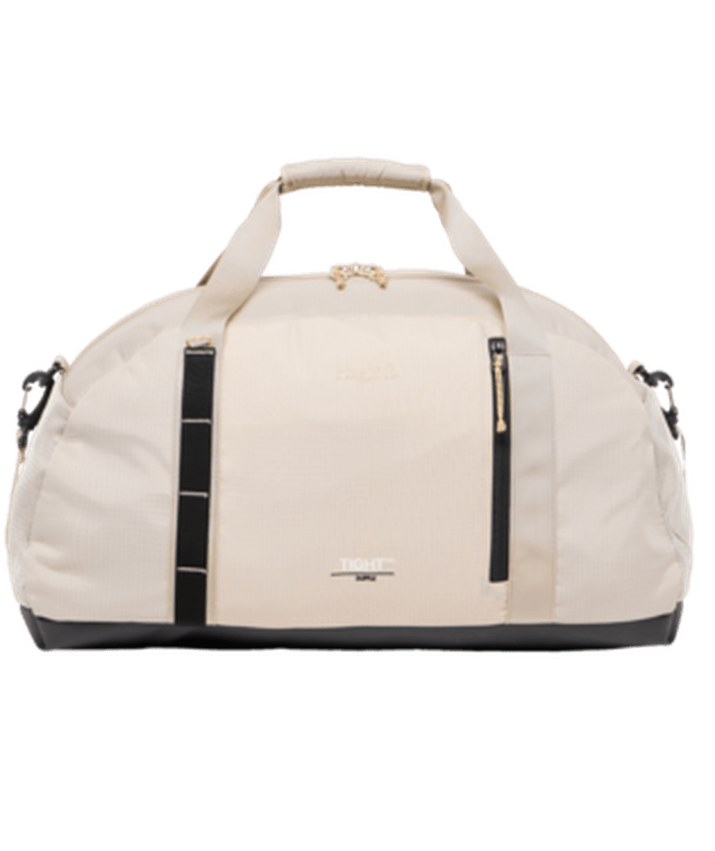 Ljusbeige Tight Duffel 50 duffelväska med svarta vertikala remmar och handtag