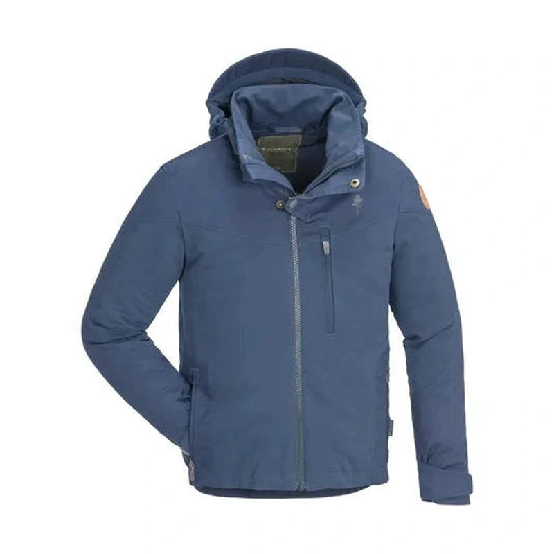 Mörkblå hybridjacka med orange logotyp och bröstficka