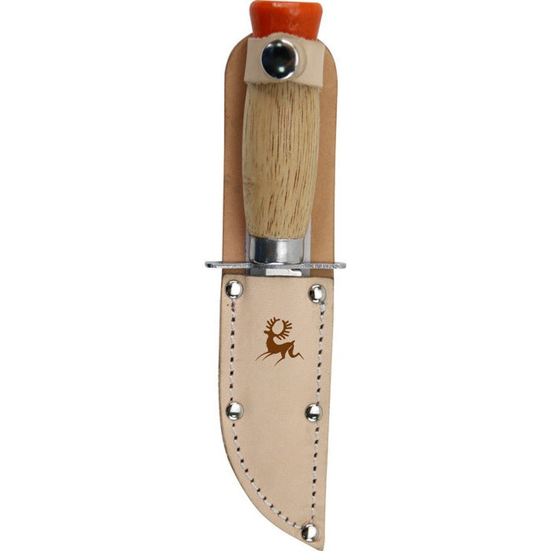 Brusletto barnscoutkniv med ljus träskaft i beige läderfodral med hjortmotiv