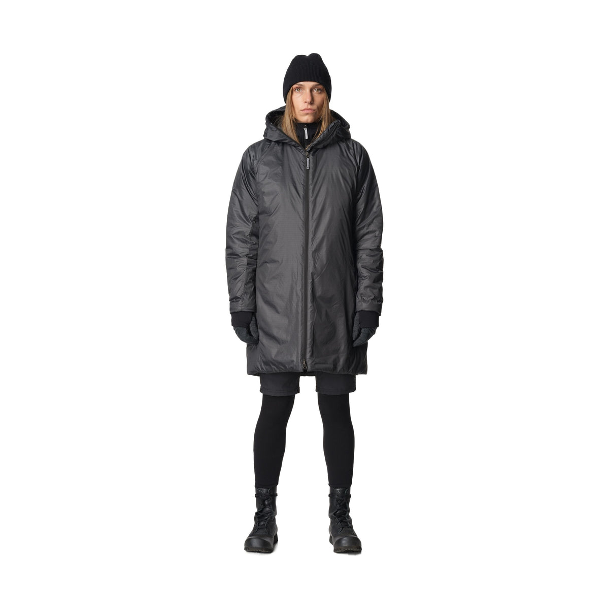 Houdini W's Dunfri Parka i mörkgrått, lång isoleringsjacka med huva och dragkedja