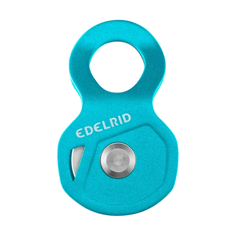 Närbild på turkos Edelrid Flux trissa av eloxerad aluminium med stort karbinhål