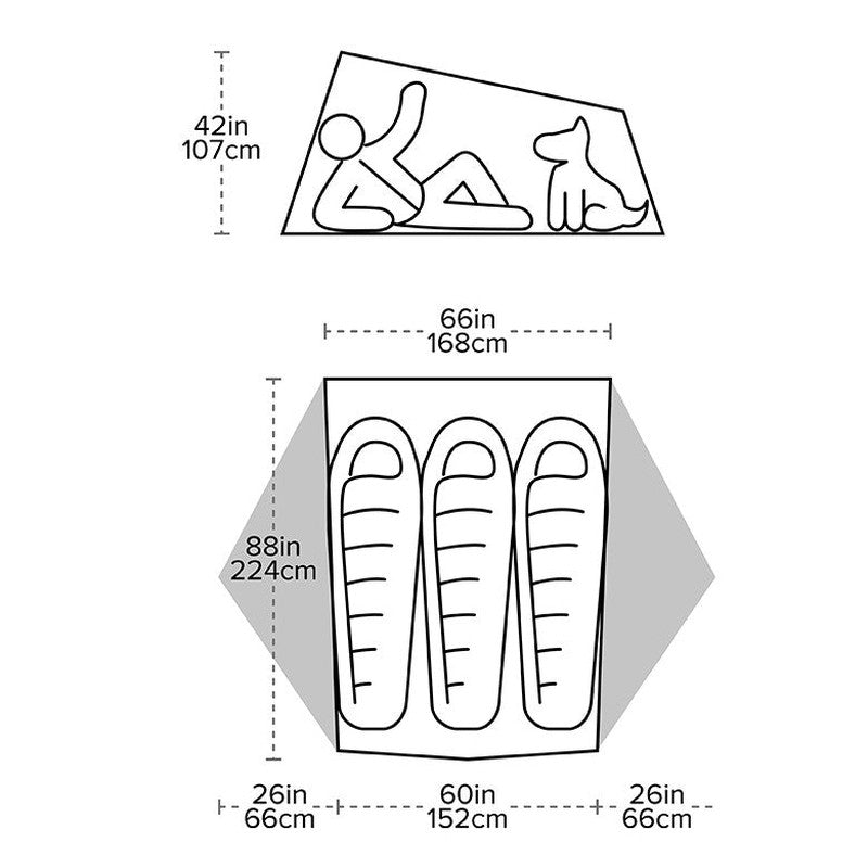Storleksschema för Big Agnes Tiger Wall UL3 trepersoners tält