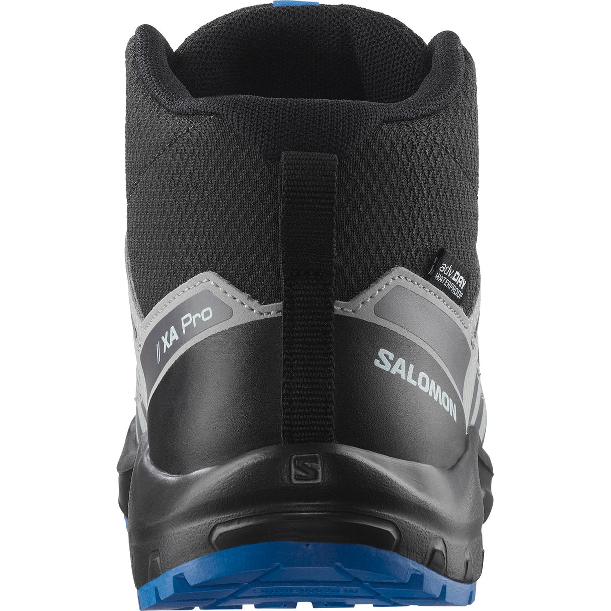 Baksida av Salomon XA PRO V8 Mid Junior med adriDRI WATERPROOF etikett