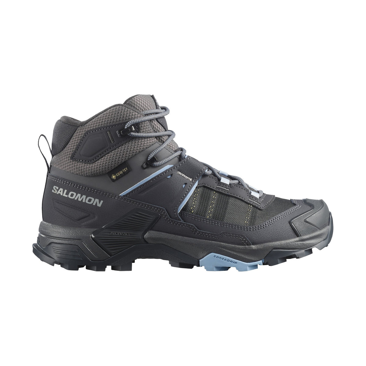 Salomon X Ultra 5 Mid vandringskänga svart/grå med ljusblå detaljer och GORE-TEX