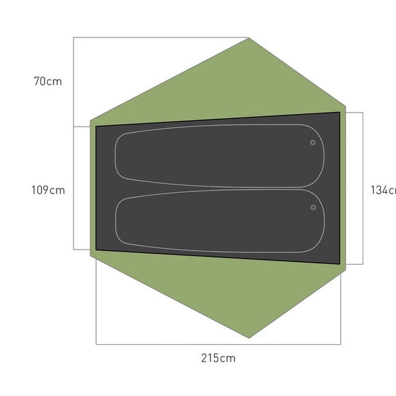 Målskiss av Telos TR2 tältbotten med dimensioner 215x134 cm