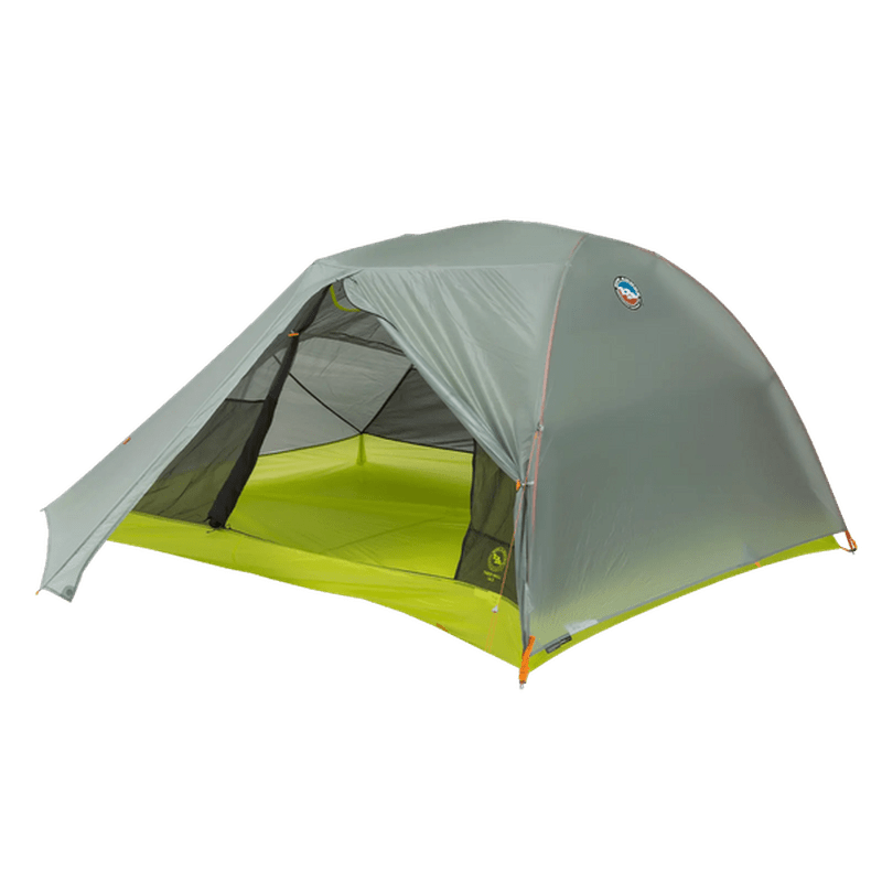 Big Agnes Tiger Wall UL3 tält med sidoklocka öppen som exponerar limegrönt innergolv och meshväggar