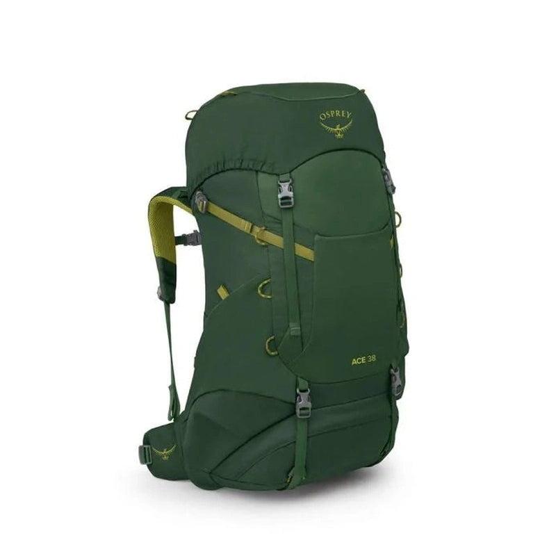 Mörkgrön Osprey Ace 38 juniorvandringsryggsäck med limefärgade detaljer