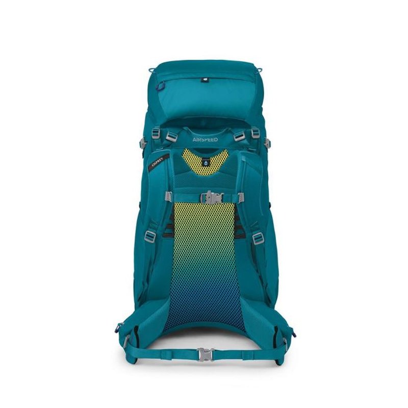 Baksida av teal Osprey ryggsäck med AirSpeed™ gradientnät och vaddering