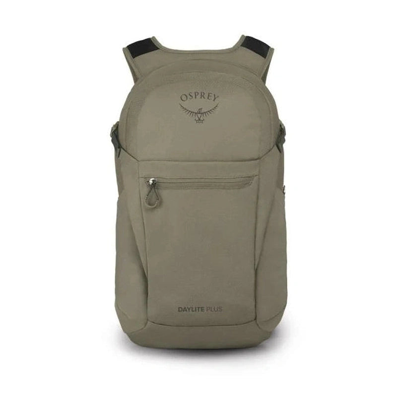 Beige Osprey Daylite Plus vandringsryggsäck med framskåp och logotyp