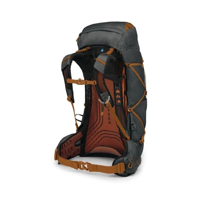 Trekvartsbakvänd vy av grå Osprey Exos 48 med orange ventilationsystem