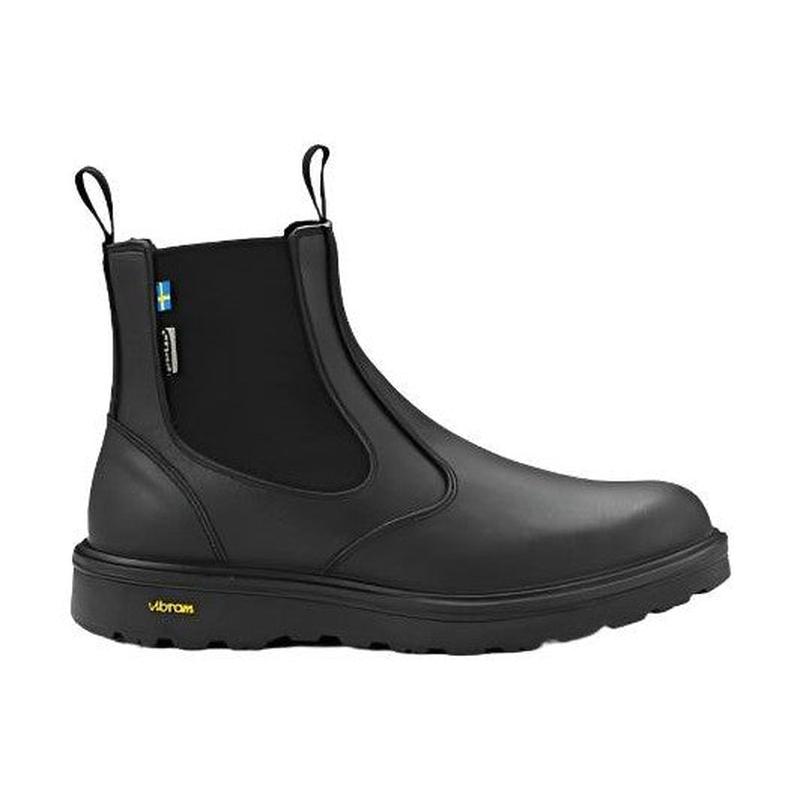 Svart läderchelseabo med gul Vibram-text mot vit bakgrund