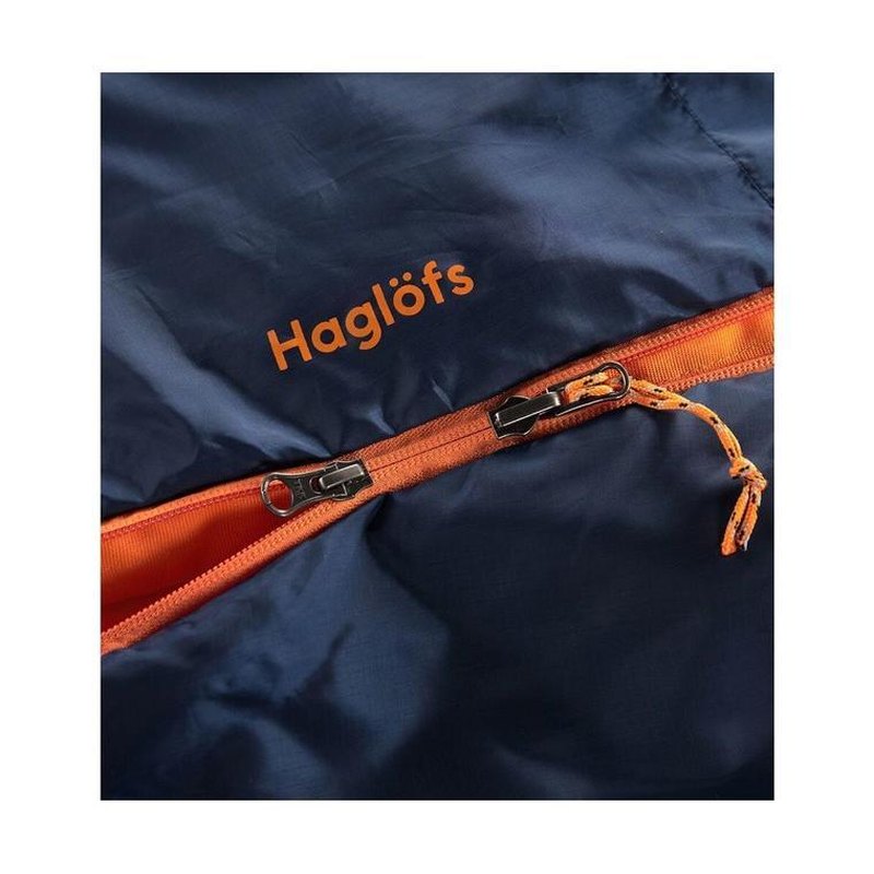 Detaljbild av orange dragkedja och vävd snörka på mörkblå Haglöfs-sovsäck med texttryck