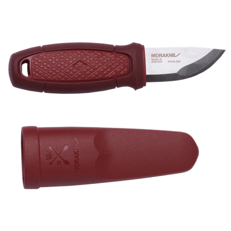 Mörkerröd Morakniv med mönstrat handtag och rostfritt stålblad