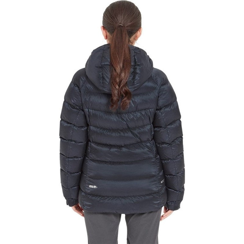 Rab Glaceon Pro dunjacka mörkblå bakvy med huva och logo