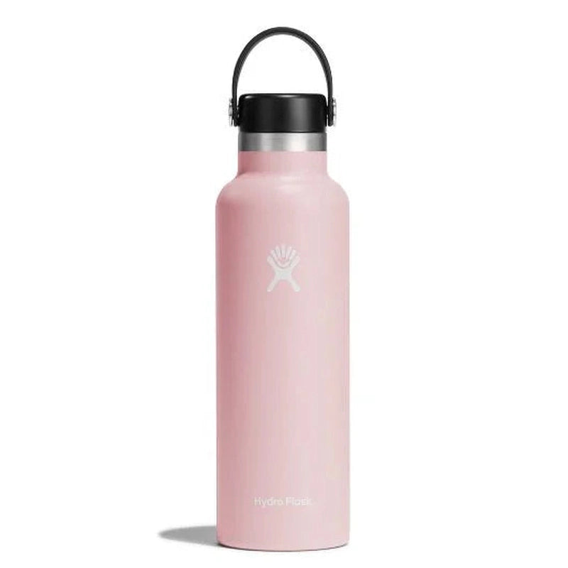 Ljusrosa Hydro Flask vattenflaska med svart lock och handtag