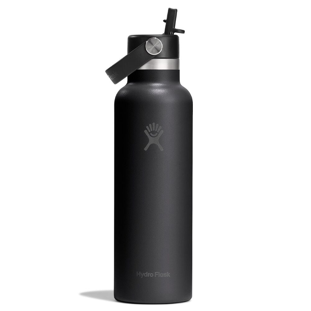 Svart Hydro Flask vattenflaska med Flex Straw-locke och matt rostfritt stål