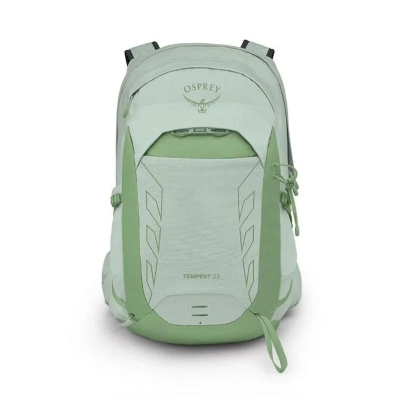 Framsida av ljusgrön Osprey Tempest 22 med logga och snördetaljer