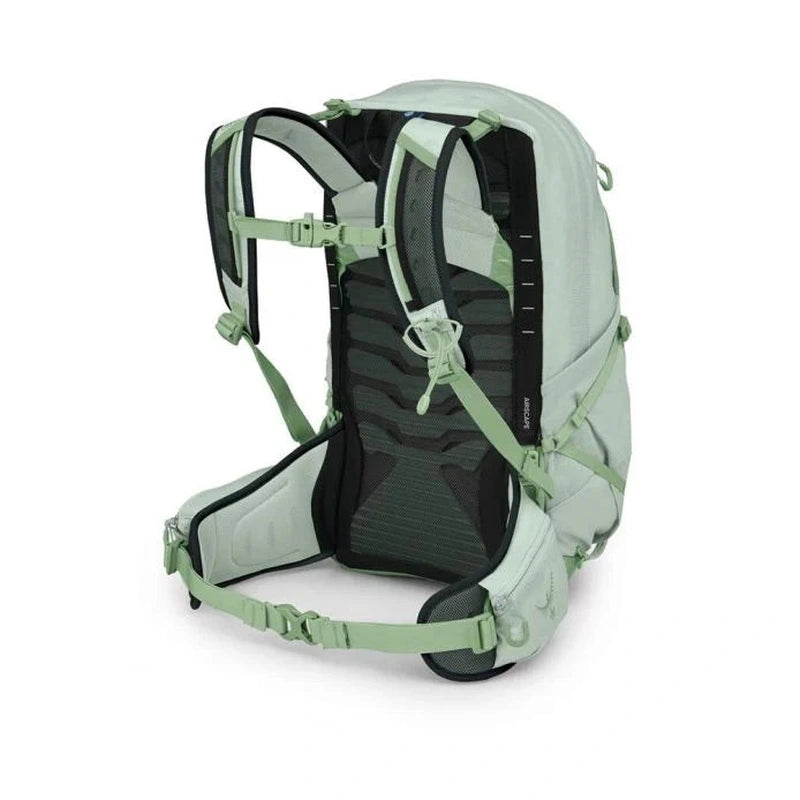 Baksida av ljusgrön Osprey Tempest 22 med svart mesh-ryggpanel