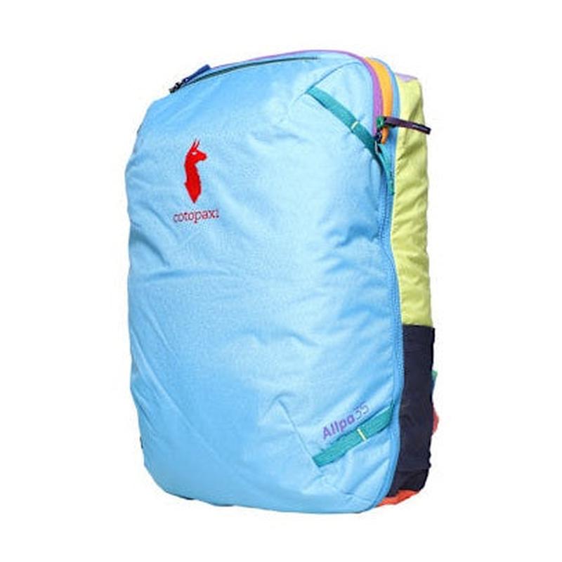Cotopaxi Allpa 35L reseryggsäck i ljusblått med limegrönt detalj och röd logotyp