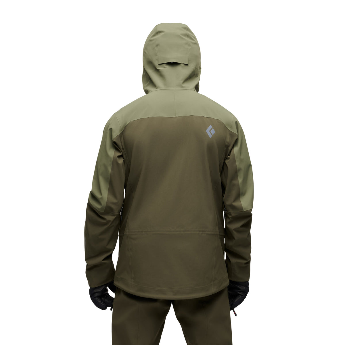 Olivgrön skidjacka med huva och rygglogotyp