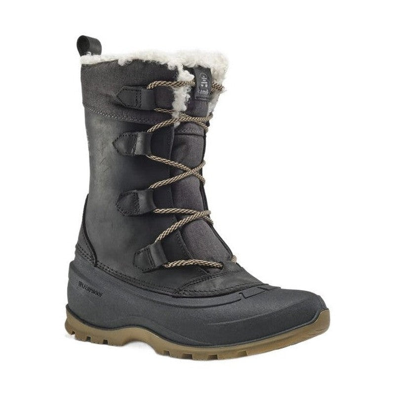 Sidovy av mörkgrå Kamik Snowgem-vinterkänga med WATERPROOF-text