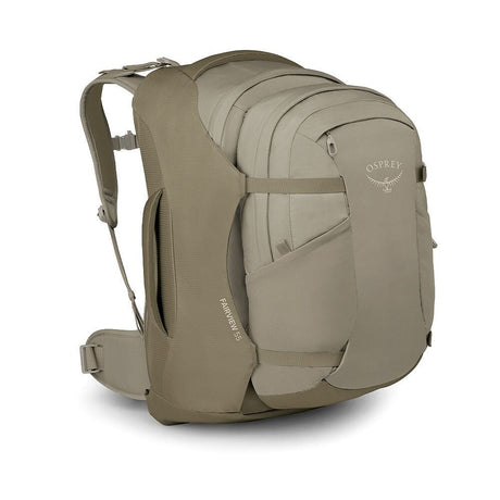 Sido vy av beige Osprey Fairview 55 reseryggsäck med synliga axelremmar och logotyp