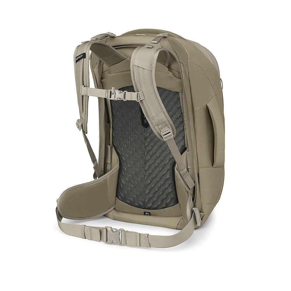 Bakvy av beige Osprey Fairview 55 reseryggsäck med mesh-stöd och justerbara remmar