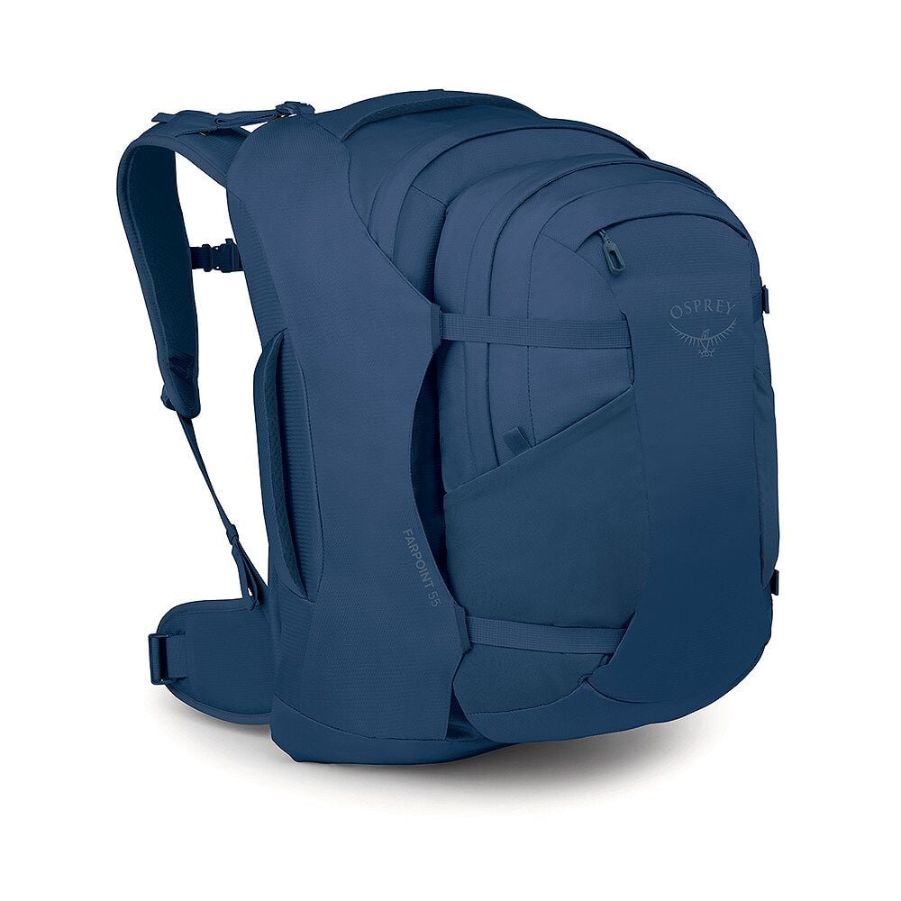 Framsidan av Osprey Farpoint 55 reseryggsäck med frampocket och logotyp