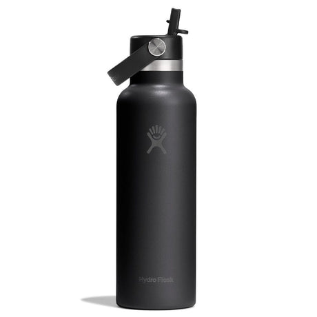 Svart Hydro Flask vattenflaska med Flex Straw-locke och matt rostfritt stål