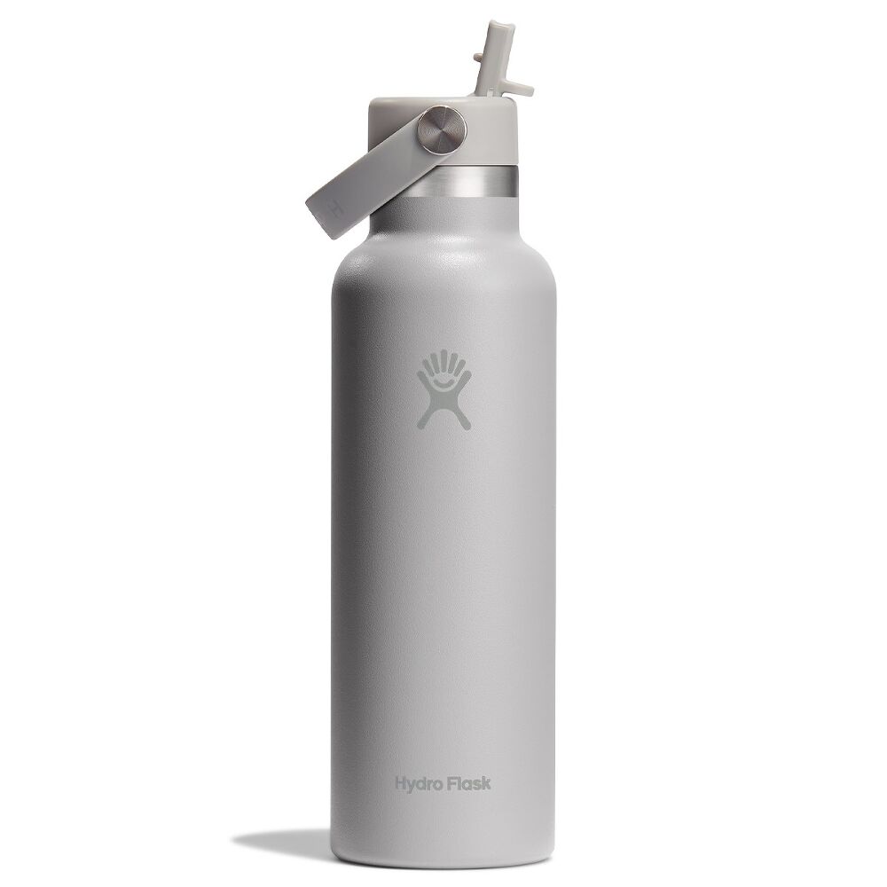 Ljusgrå Hydro Flask vattenflaska med Flex Straw-locke och tydlig logotyp