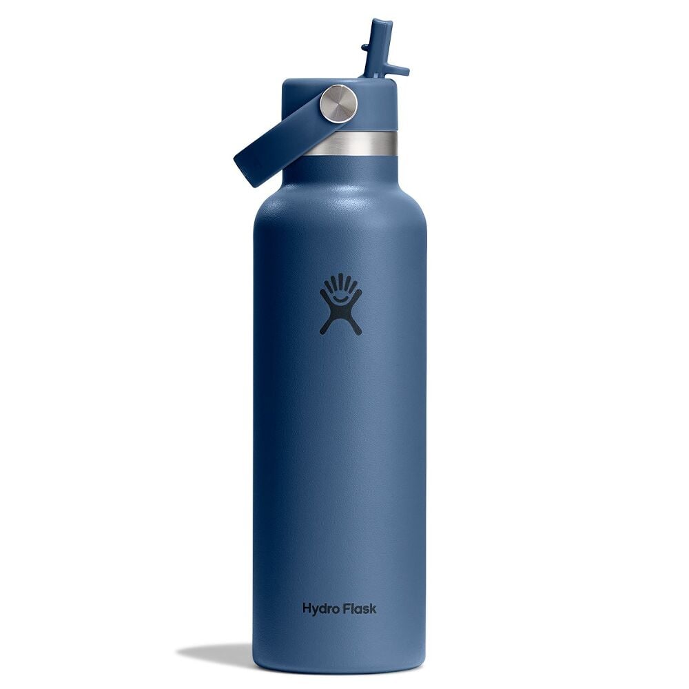 Mörkblå isolerad Hydro Flask vattenflaska med Flex Straw-locke och silverdetaljer