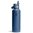 Mörkblå isolerad Hydro Flask vattenflaska med Flex Straw-locke och silverdetaljer