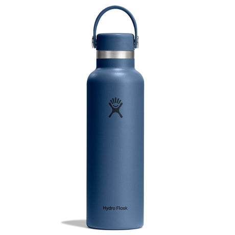 Mörkblå Hydro Flask vattenflaska med blått lock och handtag