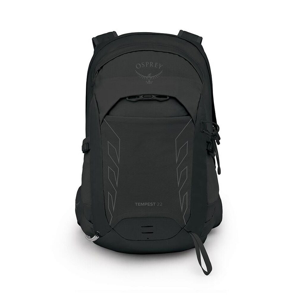 Framvy av svart Osprey Tempest 22 vandringsryggsäck med frontficka och logga