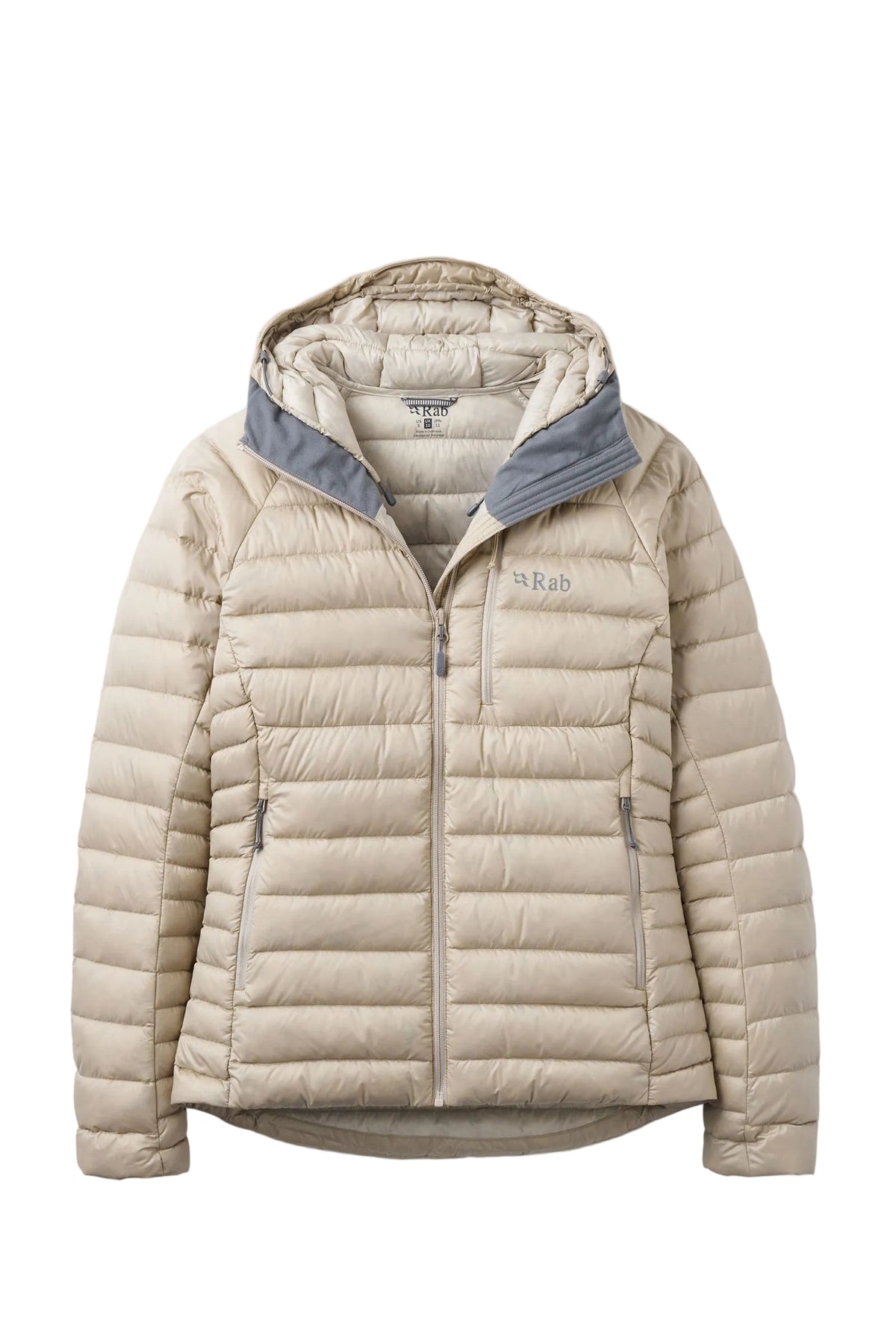 Beige Rab dunjacka med grå krage, stängd dragkedja och bröstlogga