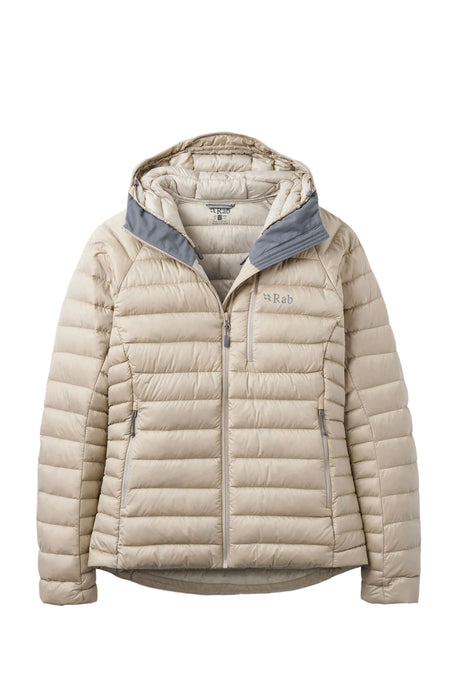 Beige Rab dunjacka med grå krage, stängd dragkedja och bröstlogga