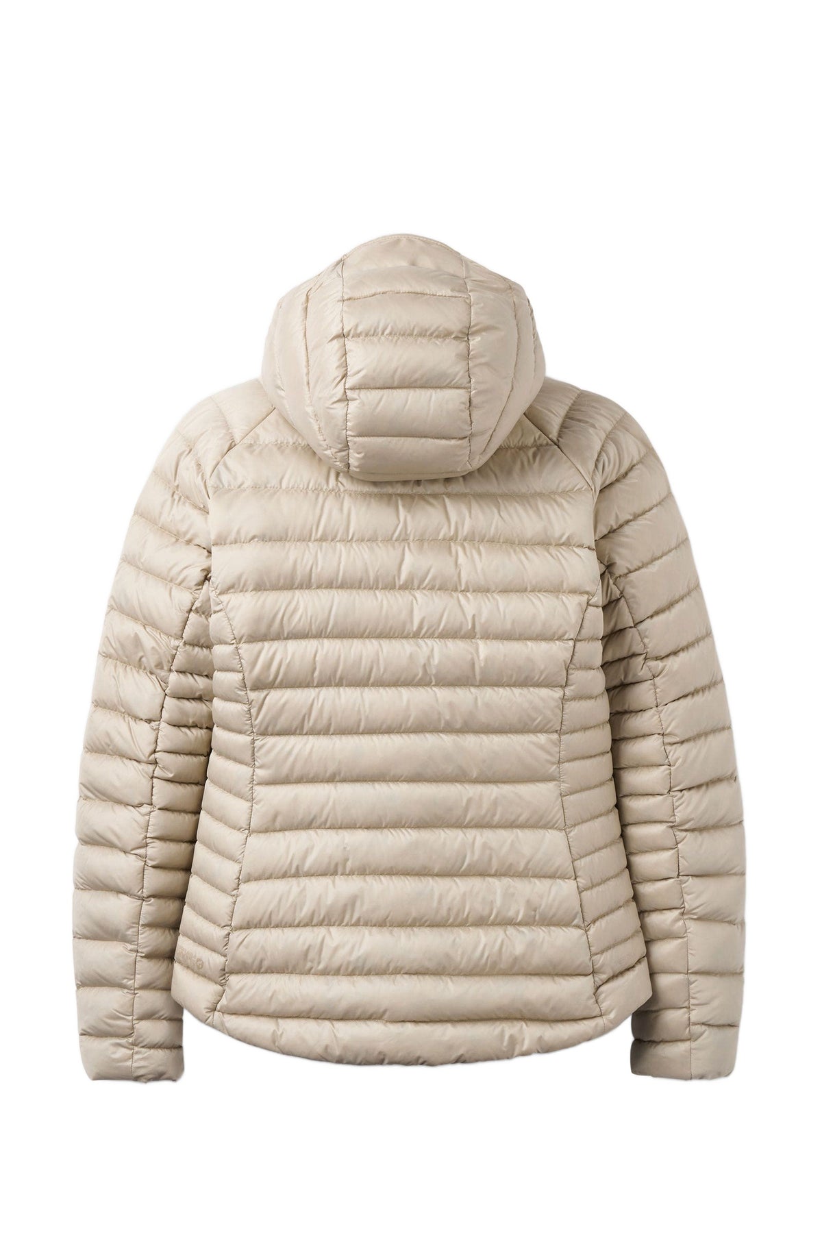 Bakvy av beige Rab dunjacka med integrerad huva och slät yta