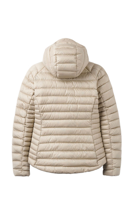 Bakvy av beige Rab dunjacka med integrerad huva och slät yta